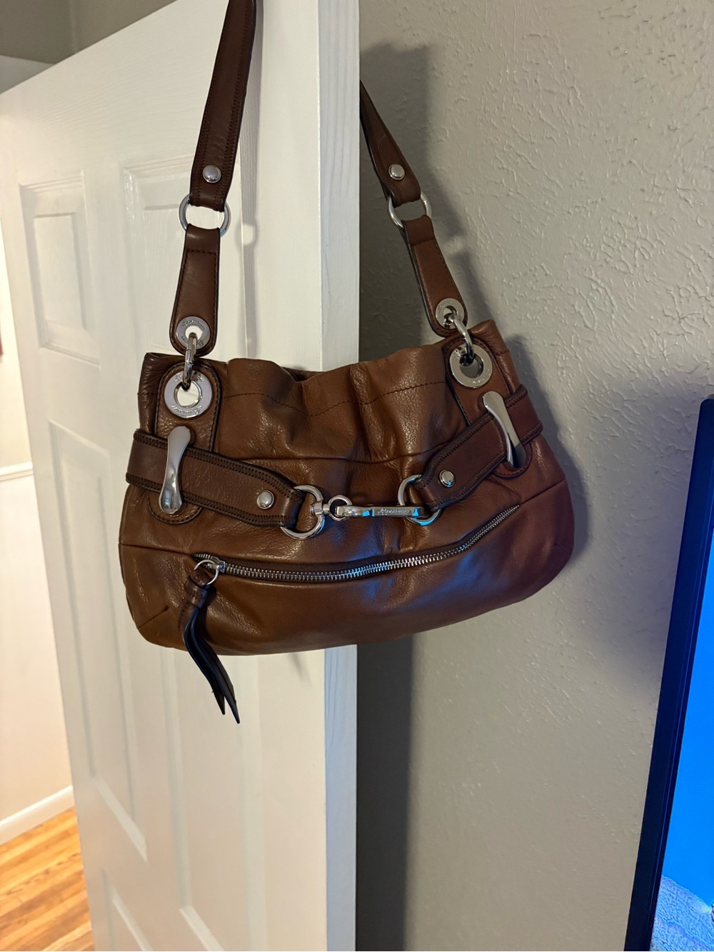 b. makowsky Brown Leather Shoulder Bag with Silver-Tone Hardware